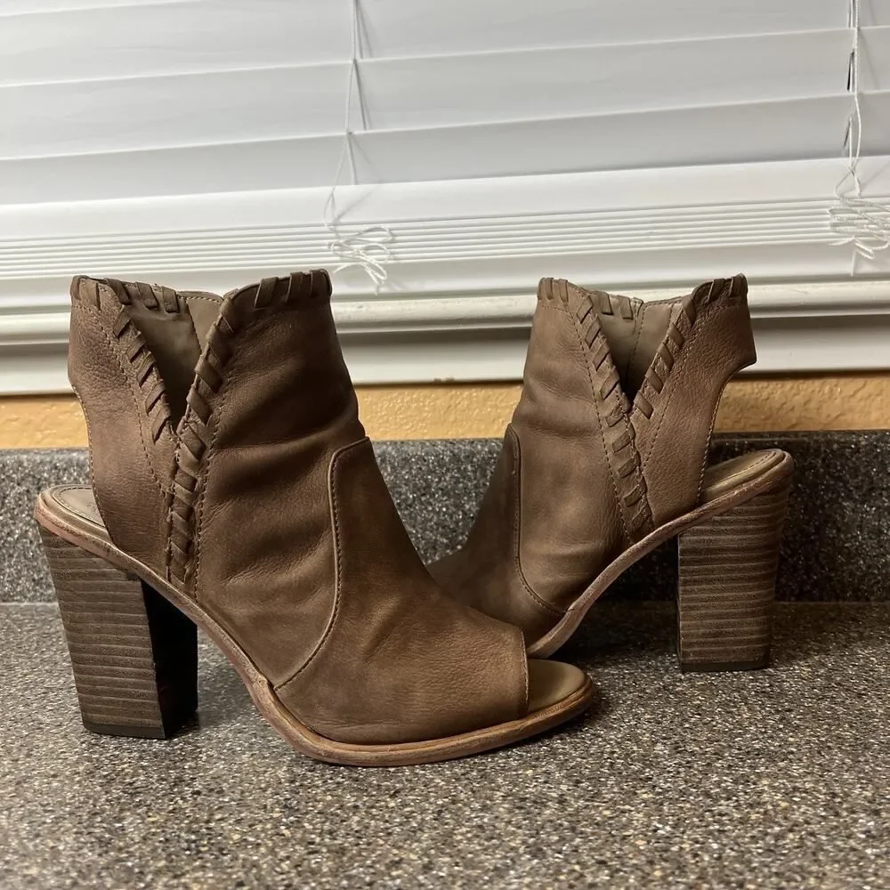 Vince Camuto Womens Size 8 M Brown Leather Peep Toe Ankle Sling Back Block Heels